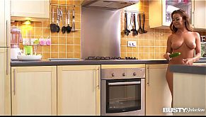 Busty seduction in kitchen makes Amanda Rendall fill her pink with veggies