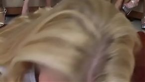 Crowd of young amazing bitches is tasting one happy cock in a school