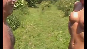 Amateur outdoor threesome action with facial cumshot